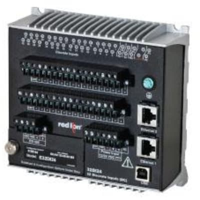 Red Lion E3-32DI24-1 Red Lion E3-32DI24-1 is a remote I/O controller designed for mounting plate installation. It operates within an ambient air temperature range of -40 to +75°C and features 2 high-speed counter digital inputs with a maximum frequency of 50kHz, alongside 30 source digital inputs. This unit is equipped with built-in self-resetting fuses for protection and supports RS-485 Modbus and Ethernet communication protocols. It includes 2 RJ45 ports and a USB port for Ethernet connectivity, as well as a terminal block for RS-485 connections. The E3-32DI24-1, part of the E3 series, is designed with built-in I/Os and requires a supply voltage of 10-30Vdc, accommodating both 12Vdc and 24Vdc systems. E3-32DI24-1 on Applied Automation