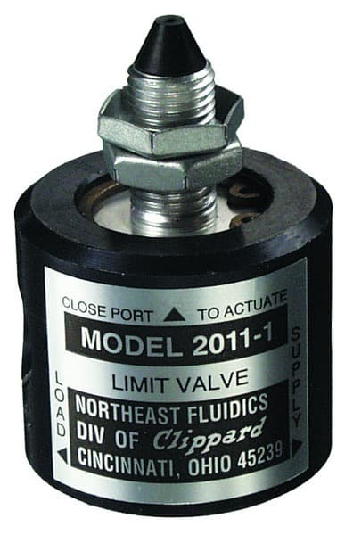 Clippard 2011-1 Limit Valve, Bulkhead Mounted-title, Supplied with threaded bulkhead mount and integral rubber nozzle for direct actuation by mechanical closure. By removing rubber nozzle and inserting a 10-32 fitting and length of hose 2011-1 can be converted to a remot 2011-1 on Applied Automation