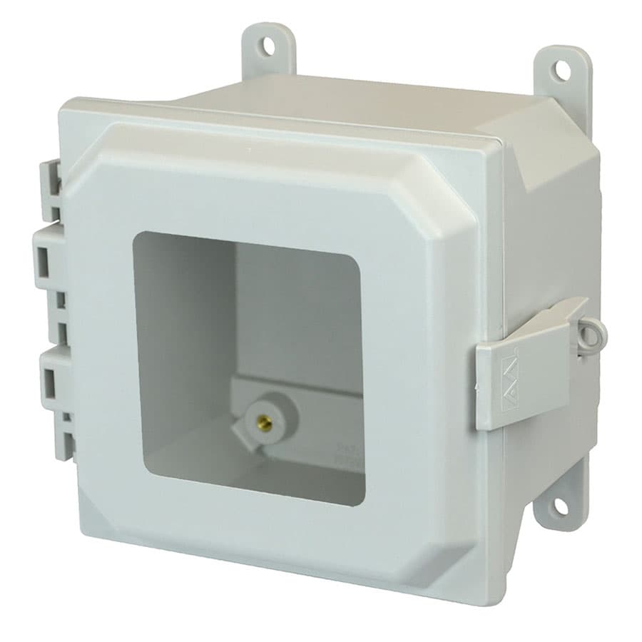 Allied Moulded Products AMU884LW 8"x8"x4" ULTRALINE® fiberglass wall mount enclosure assembly with hinged window cover and stainless-steel snap latch AMU884LW on Applied Automation