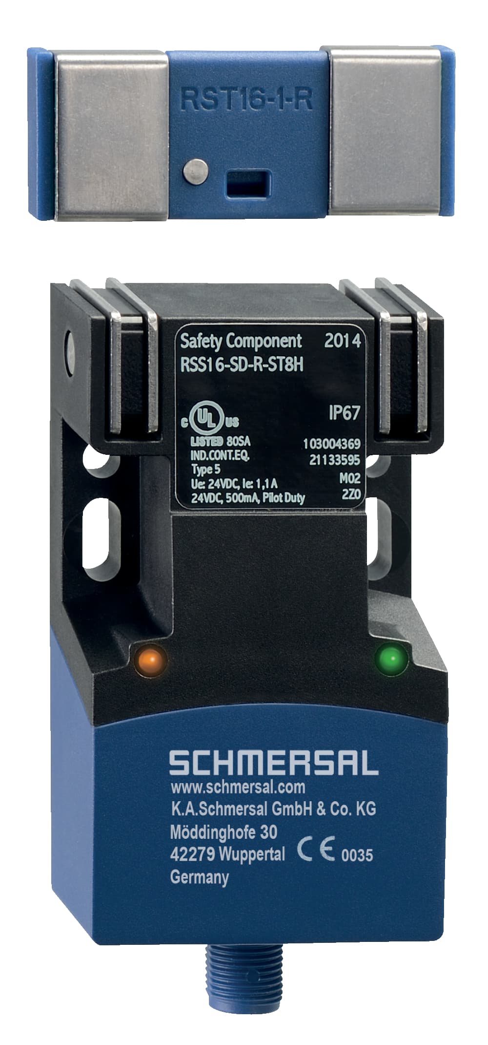 Schmersal RSS16-D-R-ST8H RSS16-D-R-ST8H Schmersal - Safety sensors; Electronic safety sensors; Universal coding with RFID technology; 1 x connector plug M12, 8-pole; Series-wiring unlimited; with latching; Thermoplastic enclosure; RFID-technology for needs-based protection against tampering; 3 different di RSS16-D-R-ST8H on Applied Automation