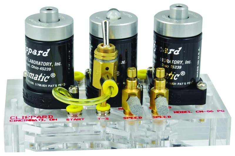 Clippard VA-06 Auto-Cycling of Double-Acting Cylinder, Includes two R-343 Valves, one R-412 Valve, one TV-3S Valve, two MNV-1KP Needle Valves, one CM-06-PQ Manifold, Fittings & Tubing, The VA-06 module is designed to use an “on-off” toggle valve (or alternative input) f VA-06 on Applied Automation