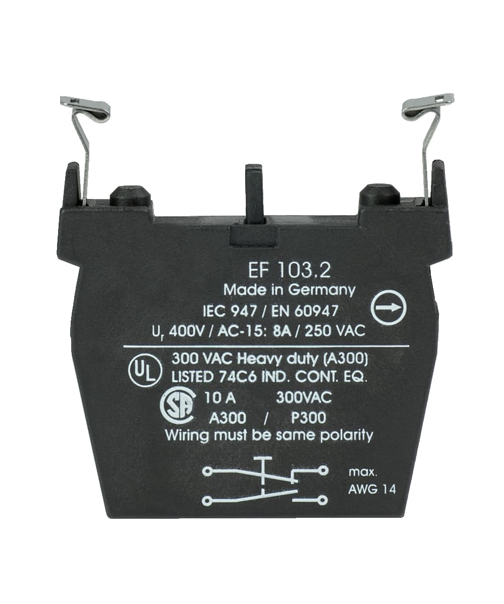 Schmersal EF103F.2 Command and signalling devices; Contact and light terminal blocks (EF/EL); Flat plug-in connector; Mounting flange position 2; 31-32; 43-44 (Contact labelling) EF103F.2 on Applied Automation