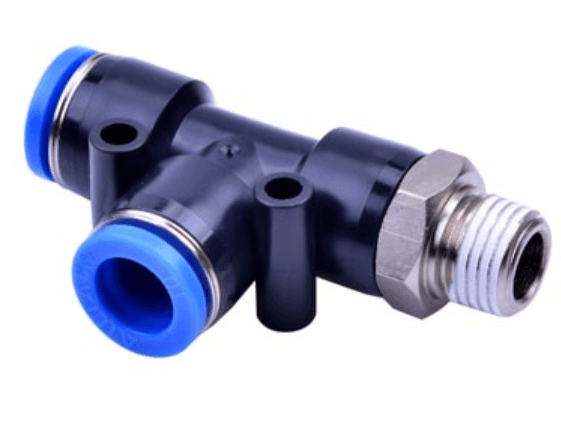 AirTAC NPED3/8-3/8 male run tee (NPT), Plastic body and plastic collar, 3/8" inch tubing connection,3/8" NPT thread, Nickel plated brass / plastic, NBR, Black body with blue collar NPED3/8-3/8 on Applied Automation