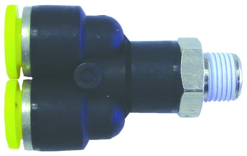 Clippard PQ-YC12W-BLK Push-Quick "Y" Connector, 3/8", 3/8” NPT, 250 Pc. Min., Provides a simple method of connecting pneumatic components to each other and system piping. PQ-YC12W-BLK on Applied Automation