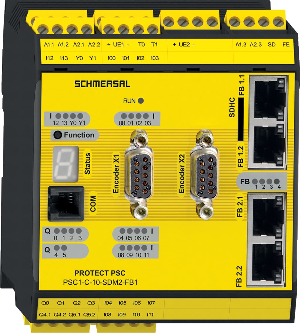 Schmersal PSC1-C-10-SDM2-FB1-ECFS PSC1-C-10-SDM2-FB1-ECFS Schmersal - Safety controllers; PROTECT PSC1; Memory card; Device in safety fieldbus networks; integrated SD-Bus-Gateway; Safe drive monitoring according to EN 61800-5-2 (SDM – Safe Drive Monitoring) for up to 2 axes; Modular expansion with up to 64 inputs / outputs; PSC1-C-10-SDM2-FB1-ECFS on Applied Automation