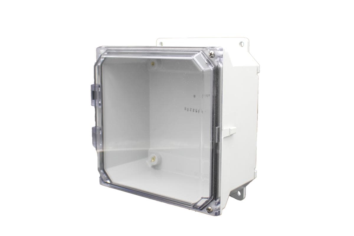 Allied Moulded Products AMU884CCHF 8"x8"x4" ULTRALINE® fiberglass wall mount enclosure assembly with 2-screw hinged clear cover AMU884CCHF on Applied Automation