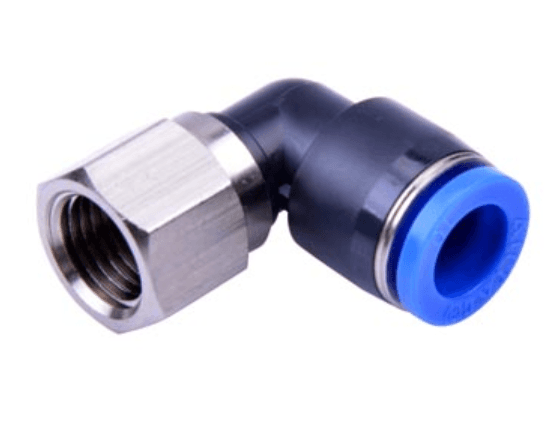 AirTAC NPLF5/16-3/8 elbow female connector (NPT thread), Nickel plated brass/plastic body with plastic collar, 5/16" inch tubing connection,3/8" NPT thread, Nickel plated brass and plastic, NBR, Black body with blue collar NPLF5/16-3/8 on Applied Automation