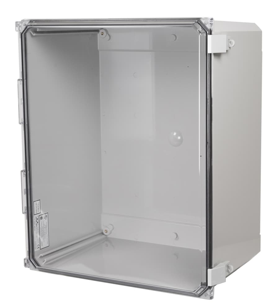 Allied Moulded Products AMP2060CCNL 20"x16"x10" POLYLINE® polycarbonate wall mount enclosure assembly with hinged clear cover and nonmetal snap latch AMP2060CCNL on Applied Automation