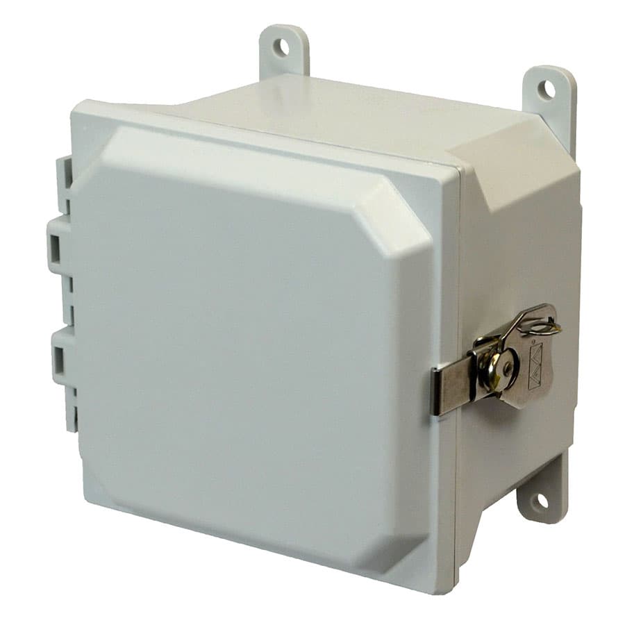 Allied Moulded Products AMU664T 6"x6"x4" ULTRALINE® fiberglass wall mount enclosure assembly with hinged cover and stainless-steel twist latch AMU664T on Applied Automation