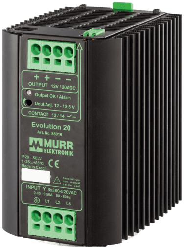 Murr Elektronik 85016 85016 Murrelektronik - EVOLUTION POWER SUPPLY 3-PHASE, IN: 360-520VAC OUT: 12-13,5V/20ADC, Allows continuous two-phase- operation, Extra-power - for 4 seconds 50% additional power 85016 on Applied Automation