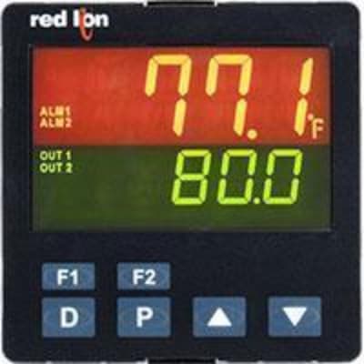 Red Lion PXU41BE0 Red Lion PXU41BE0 is a digital temperature/process PID controller designed for flush mounting and operates within an ambient air temperature range of 0 to +50°C. It features a 1/4 DIN size (96x96mm) with an IP65 NEMA 4X degree of protection, making it suitable for various industrial environments. This model includes one user input, RS-485 communication, a C.T. input, and a 0-10Vdc control analog output, alongside a secondary relay control output. The display is equipped with 22mm orange and 14mm green digits for clear visibility. The PXU PID controllers series part operates on a 24Vdc supply voltage and supports a 10Hz analog input sampling rate. It offers one digital output (contact type) for secondary control output 2, and one analog input capable of accepting multiple signal types including 4-20mA, 0-20mA, 0-50mVdc, 0-5Vdc, 0-10Vdc, various thermocouple types (T, E, J, K, R, S, B, N, L, U, TXK), and RTD, with a 100ms sample period and 0.1 to 1° accuracy. Additionally, it includes heater current monitoring protection functions, one digital input for user input, and one analog output (0-10Vdc) for main control output 1. PXU41BE0 on Applied Automation