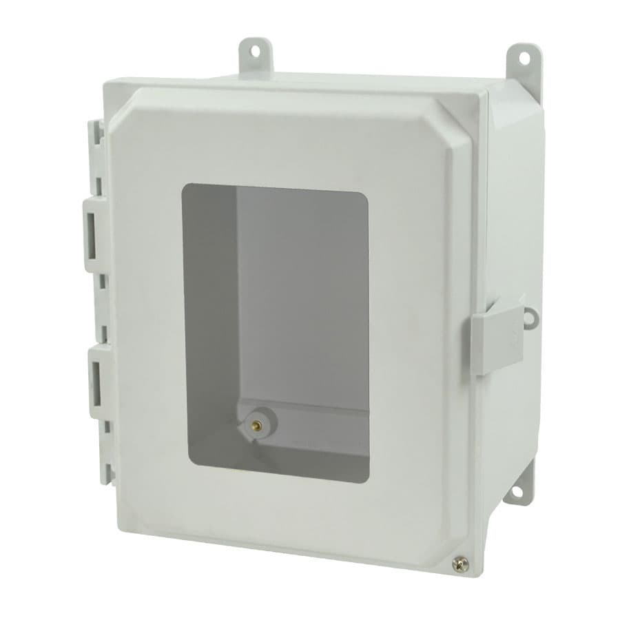 Allied Moulded Products AMU1086NLW 10"x8"x6" ULTRALINE® fiberglass wall mount enclosure assembly with hinged window cover and nonmetal snap latch AMU1086NLW on Applied Automation