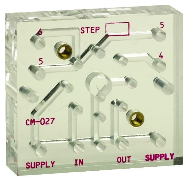 Clippard CM-027 Subplate for R-932 Sequencing System (1 Valve), 2 3/4. Valves must be ordered separately., Single valve sequence subplate used as an expansion unit. 10-32 port connections provided for signal inputs, step outputs, supply and jumper connections for linking CM-027 on Applied Automation