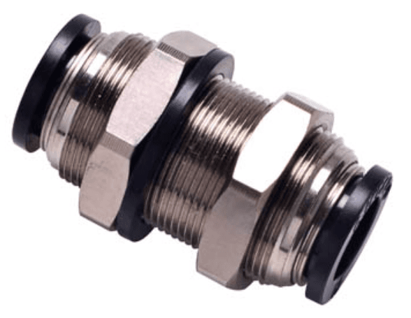 AirTAC PM10D Bulkhead union connector, Nickel plated brass with plastic collar, 10 mm tubing connection,Nickel plated brass, NBR, Black PM10D on Applied Automation