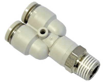 AirTAC PYB603 Branch "Y" (PT thread), Nickel plated brass body with plastic collar, 6 mm tubing connection,3/8" PT thread, Nickel plated brass/plastic, NBR, Gray PYB603 on Applied Automation