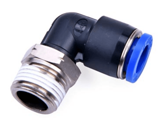 AirTAC NPL1/4-3/8 elbow connector (NPT thread), Nickel plated brass/plastic body with plastic collar, 1/4" inch tubing connection,3/8" NPT thread, Nickel plated brass and plastic, NBR, Black body with blue collar NPL1/4-3/8 on Applied Automation