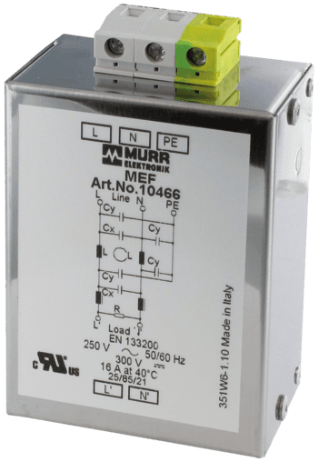 Murr Elektronik 10462 10462 Murrelektronik - MEF EMC-FILTER 1-PHASE 2-STAGE, I:3A U:250 VAC/300 VDC snap on, Against symmetrical interference 10462 on Applied Automation