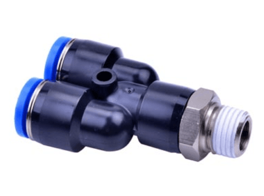 AirTAC NPYB1/2-3/8 branch "Y", Plastic body and plastic collar, 1/2" inch tubing connection,3/8" NPT thread, Nickel plated brass / plastic, NBR, Black body with blue collar NPYB1/2-3/8 on Applied Automation