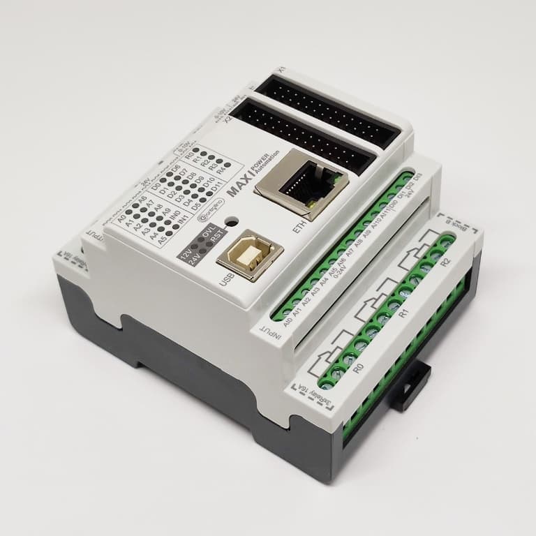 Controllino 100.104.00 Controllino MAXI Power Automation is an industrial-grade, DIN-rail mountable programmable logic controller (PLC) featuring 18 inputs (12 configurable as analog or digital, 4 digital, and 2 fixed digital with external interrupt capability), 8 digital outputs, and 5 relay outputs rated at 16A each. It operates on 24V DC and includes USB and Ethernet interfaces for versatile connectivity, making it ideal for industrial and IoT automation applications. 100.104.00 on Applied Automation