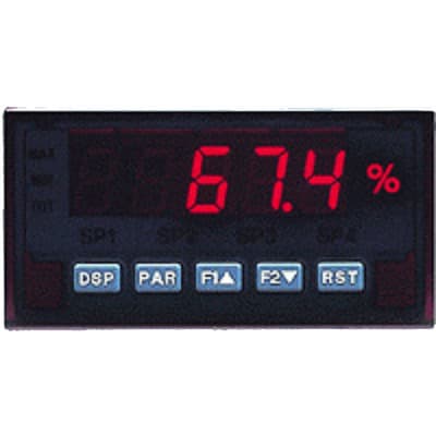 Red Lion PAXP0000 Red Lion PAXP0000 is a digital process meter from the PAX series, designed with 3 user inputs and a 1/8 DIN form factor measuring 96mm in width and 48mm in height (3.80" x 1.95"), featuring 14.2mm red digits and communication capability. It offers a degree of protection rated at IP65 NEMA 4X, suitable for various industrial environments. The meter operates on a supply voltage of 11-36Vdc, accommodating both 12Vdc and 24Vdc systems. It has a 20Hz analog input sampling rate, with one analog input supporting both 0-20mA and 0-10Vdc signals with 16-bits conversion. Additionally, it includes three digital inputs that can function as either Sink or Source (USER INPUT) and one analog output for retransmission purposes. PAXP0000 on Applied Automation