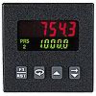 Red Lion C48CB100 Red Lion C48CB100 is a digital counter from the C48 series, designed for batch counting applications. It features a 1/16 DIN (48x48mm) form factor with dual-color digits, 7.62mm in red and 5.08mm in green, for clear visibility. The unit can be powered by a wide range of AC supply voltages from 85 to 250Vac, including 100Vac, 110Vac, 120Vac, 200Vac, 208Vac, 220Vac, 230Vac, and 240Vac, or by a DC supply voltage of 11-14Vdc, specifically 12Vdc. Its dimensions conform to 1/16 DIN standards, measuring W48mm x H48mm (1.89" x 1.89"). The C48CB100 offers a high degree of protection with an IP65 NEMA 4X rating, suitable for flush or door mounting. It is equipped with one high-speed digital input (12kHz; Sink/Source) labeled INPUT A, an additional digital input for user configuration (Sink/Source) labeled USER INPUT 1, and a third digital input that can function as input B or user input 1 (Sink/Source). For output, it provides one digital NPN output. C48CB100 on Applied Automation