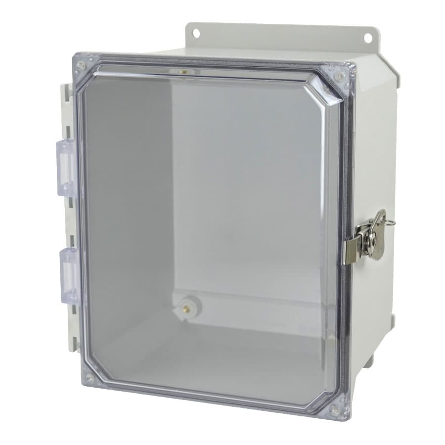 Allied Moulded Products AMU1086CCTF 10"x8"x6" ULTRALINE® fiberglass wall mount enclosure assembly with hinged clear cover and stainless-steel twist latch AMU1086CCTF on Applied Automation