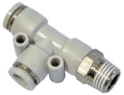 AirTAC PED603 Male run tee (PT thread), Nickel plated brass body with plastic collar, 6 mm tubing connection,3/8" PT thread, Nickel plated brass/plastic, NBR, Gray PED603 on Applied Automation
