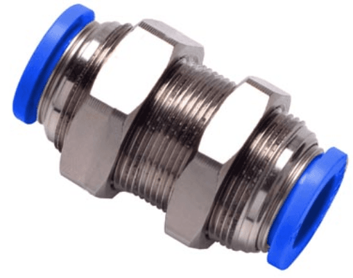 AirTAC NPM5/16 bulkhead union connector, Nickel plated brass with plastic collar, 5/16" inch tubing connection, NPT thread, Nickel plated brass and plastic, NBR, blue collar NPM5/16 on Applied Automation