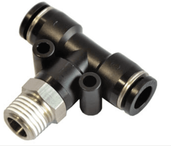 AirTAC PEB1003D Male branch tee (PT thread), Nickel plated brass body with plastic collar, 10 mm tubing connection,3/8" PT thread, Nickel plated brass/plastic, NBR, Black PEB1003D on Applied Automation