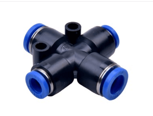 AirTAC NPZG1/2-3/8 different diameter cross connector, Plastic body and plastic collar, 1/2" inch tubing connection,3/8" NPT thread, plastic, NBR, Black body with blue collar NPZG1/2-3/8 on Applied Automation