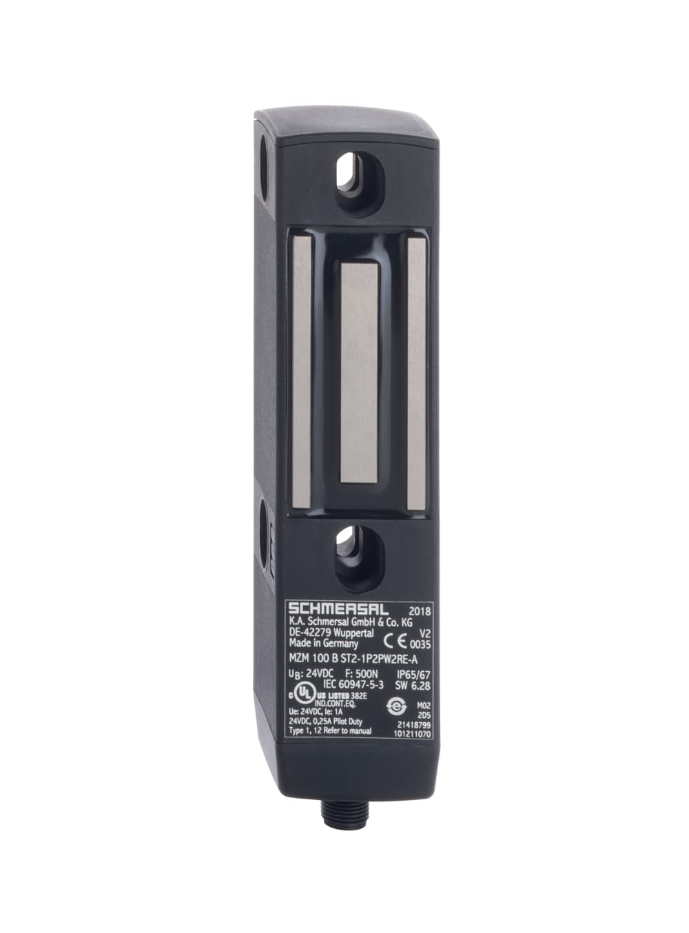 Schmersal MZM 100 ST2-1P2PW-A MZM 100 ST2-1P2PW-A Schmersal - Solenoid interlocks; Guard locking monitored; Connector M12, 8-pole; Power to lock; Automatic latching; Solenoid interlocks (for the protection of man) with innovating and unique operating principle; 40 mm x 179 mm x 40 mm; Electronic contact-free, coded MZM 100 ST2-1P2PW-A on Applied Automation