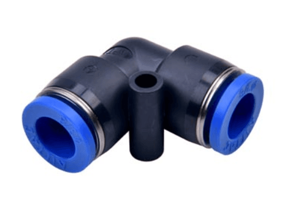 AirTAC NPV1/4 Elbow union connector, Plastic body and plastic collar, 1/4" inch tubing connection, NPT thread, plastic, NBR, Black body with blue collar NPV1/4 on Applied Automation