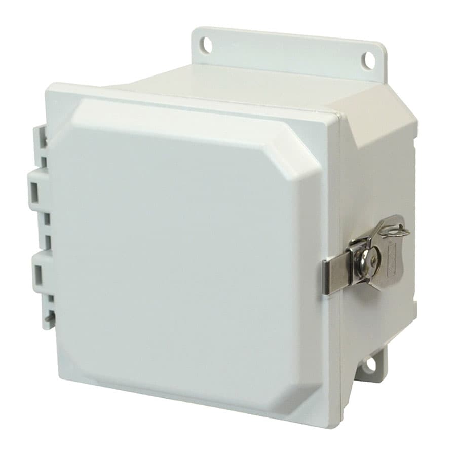 Allied Moulded Products AMU664TF 6"x6"x4" ULTRALINE® fiberglass wall mount enclosure assembly with hinged cover and stainless-steel twist latch AMU664TF on Applied Automation