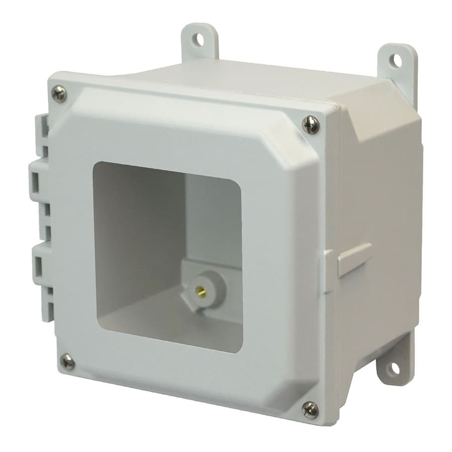 Allied Moulded Products AMU664W 6"x6"x4" ULTRALINE® fiberglass wall mount enclosure assembly with 4-screw lift-off window cover AMU664W on Applied Automation
