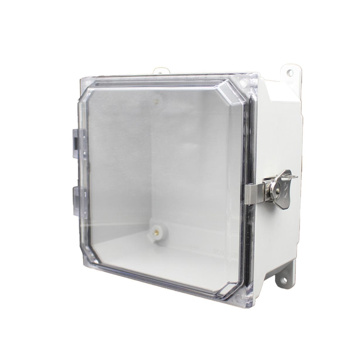 Allied Moulded Products AMU884CCL 8"x8"x4" ULTRALINE® fiberglass wall mount enclosure assembly with clear cover and stainless-steel snap latch AMU884CCL on Applied Automation
