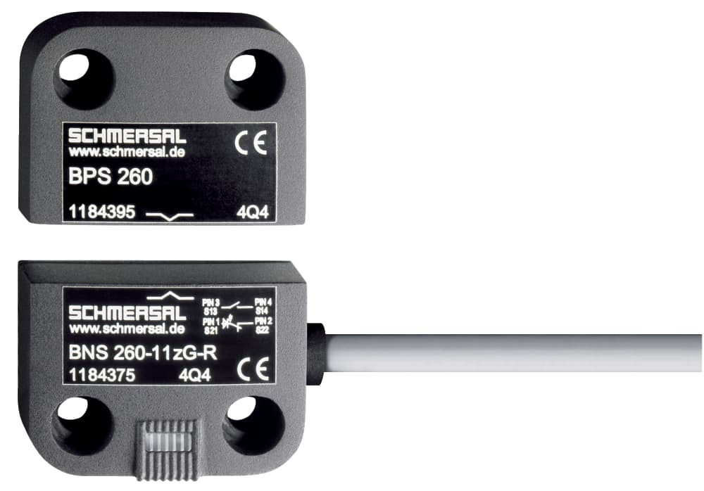 Schmersal BNS 260-02Z-R 10,0M Safety sensors; Magnetic safety sensors; Pre-wired cable; Thermoplastic enclosure; Small body; Concealed mounting possible; 26 mm x 36 mm x 13 mm; Long life; no mechanical wear; Insensitive to transverse misalignment; Insensitive to soiling BNS 260-02Z-R 10,0M on Applied Automation