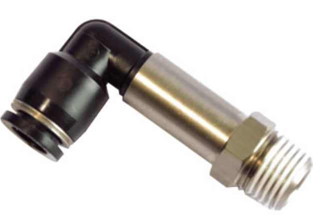 AirTAC PLL1004D Extended male elbow connector (PT thread), Nickel plated brass body with plastic collar, 10 mm tubing connection,1/2" PT thread, Nickel plated brass/plastic, NBR, Black PLL1004D on Applied Automation