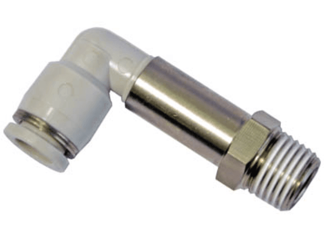 AirTAC PLL603 Extended male elbow connector (PT thread), Nickel plated brass body with plastic collar, 6 mm tubing connection,3/8" PT thread, Nickel plated brass/plastic, NBR, Gray PLL603 on Applied Automation