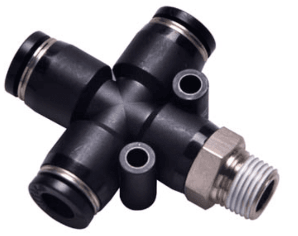 AirTAC PZB803D Threaded cross connector (PT thread), Nickel plated brass body with plastic collar, 8 mm tubing connection,3/8" PT thread, Nickel plated brass/plastic, NBR, Black PZB803D on Applied Automation