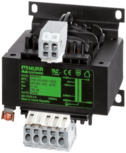Murr Elektronik 6686362 6686362 Murrelektronik - MTS 1-PHASE SAFETY TRANSFORMER, P: 100VA IN: 230/400VAC +/- 15VAC OUT: 24VAC, for screw and DIN-rail mounting, with spring clamp connection 6686362 on Applied Automation