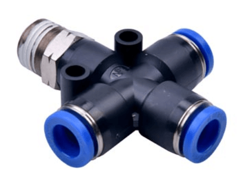 AirTAC NPZB1/4-3/8 Threaded cross connector (NPT), Plastic body and plastic collar, 1/4" inch tubing connection,3/8" NPT thread, Nickel plated brass / plastic, NBR, Black body with blue collar NPZB1/4-3/8 on Applied Automation