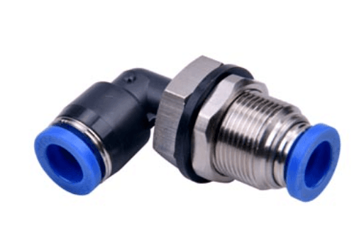 AirTAC NPLM1/2 bulkhead male elbow connector (NPT thread), Nickel plated brass/plastic body with plastic collar, 1/2" inch tubing connection,1/2" NPT thread, Nickel plated brass and plastic, NBR, Black body with blue collar NPLM1/2 on Applied Automation