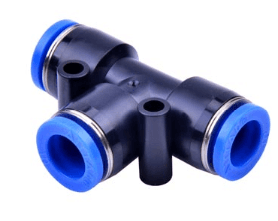 AirTAC NPE1/2 Union tee, Plastic body and plastic collar, 1/2" inch tubing connection, NPT thread, plastic, NBR, Black body with blue collar NPE1/2 on Applied Automation