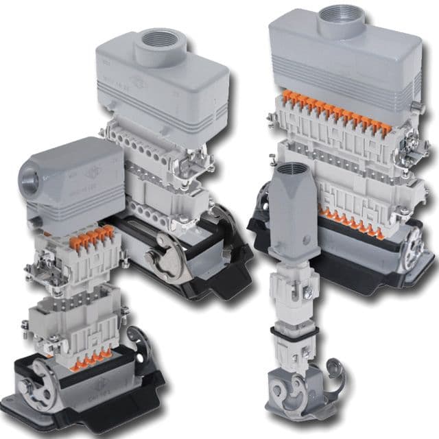 Mencom MNLS-06IO25 Multipole Rectangular Connector Kit, 6-pole screw terminal inserts, Size 44.27, 2 pegs, Single latch, Side M25 cable entry, Metal enclosure MNLS-06IO25 on Applied Automation
