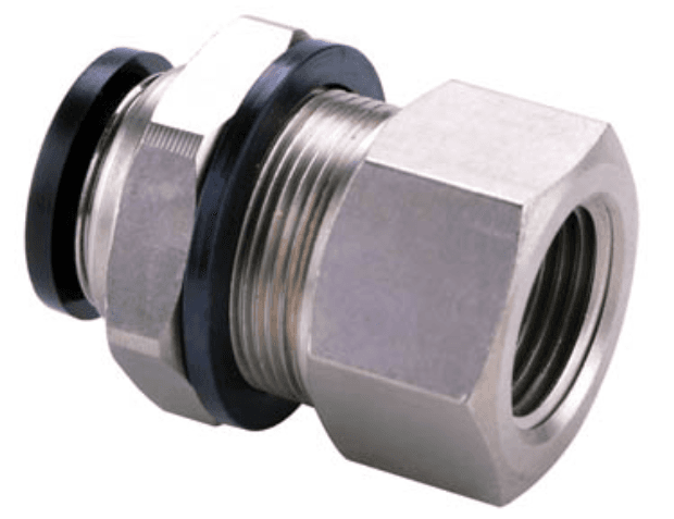 AirTAC PMF803D Bulkhead female connector (PT thread), Nickel plated brass body with plastic collar, 8 mm tubing connection,3/8" PT thread, Nickel plated brass, NBR, Black PMF803D on Applied Automation
