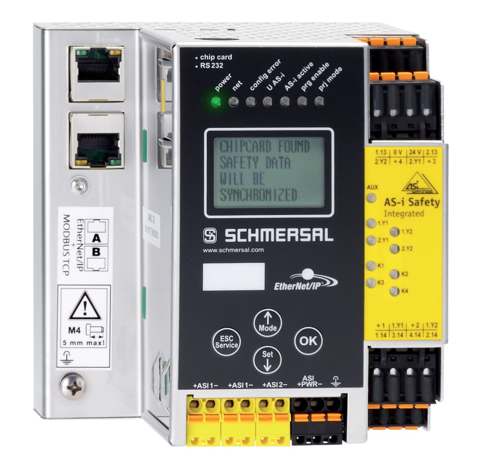 Schmersal ASMM-2M-EIP-MT-RRSS AS interface safety at work (archive); System components; 2 AS interface master integrated; Field bus gateway: EtherNet IP and ModbusTCP; Integrated safety monitor for 2 AS-i circuits, 256 Devices; 2 AS-i power supply unit decoupling with 2 x 4 A integrat ASMM-2M-EIP-MT-RRSS on Applied Automation