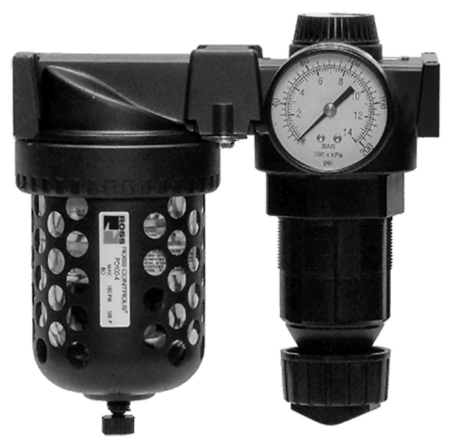ROSS Controls 5F11B4320 Filter Regulator Combination Full-Size Series, Piston, Manual Drain, Polycarbonate Bowl, 5 µm Filter, 0-125 (0-8.6) Pressure Range, 0-200 (0-14) Gauge, Threaded Ports 1/2" NPT 5F11B4320 on Applied Automation