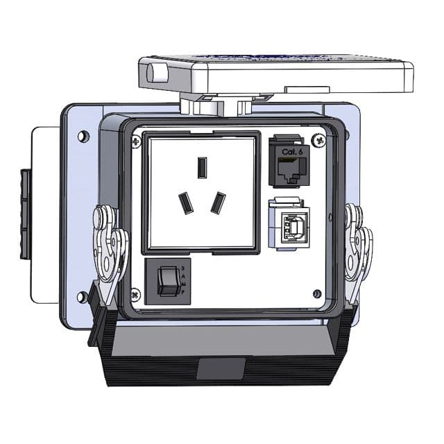 Mencom DCH1-RJ45-USB-BFAF-R-32 Panel Interface Connector with China 10amp outlet, RJ45, form B USB to form A USB , and a 3amp reset, in a 32 housing DCH1-RJ45-USB-BFAF-R-32 on Applied Automation