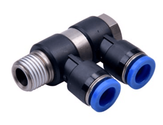 AirTAC NPHW1/2-3/8 Double universal male elbow (NPT thread), Nickel plated brass/plastic body with plastic collar, 1/2" inch tubing connection,3/8" NPT thread, Nickel plated brass and plastic, NBR, Black body with blue collar NPHW1/2-3/8 on Applied Automation