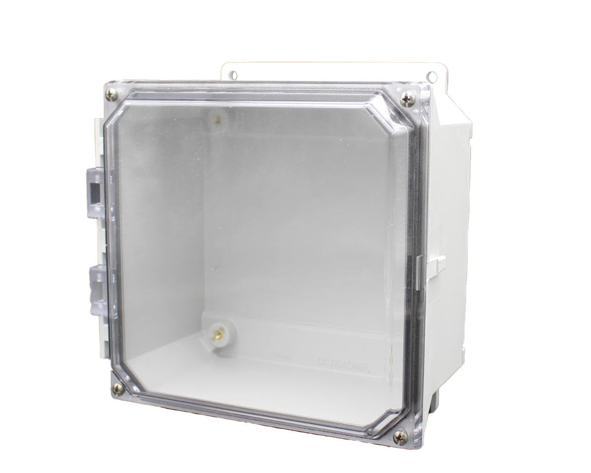 Allied Moulded Products AMU884CCF 8"x8"x4" ULTRALINE® fiberglass wall mount enclosure assembly with 4-screw lift-off clear cover AMU884CCF on Applied Automation